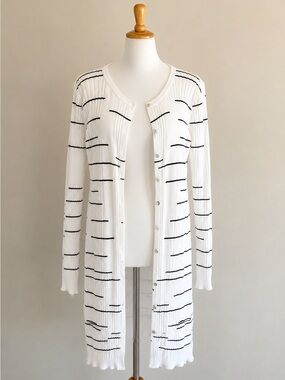 CAbi Style #5638 Dashes Cotton Longline Cardigan Sweater White/black Size Sm